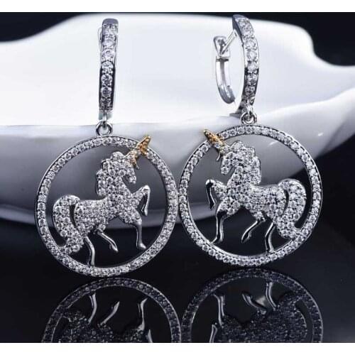 Fashion Unicorn Drop Earrings Hollow Round Exaggerated Charm Silver Jewelry Full Inlay Small Zircon For Women Wedding Party Gift