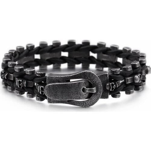 HAOLYNJOY Punk Multiple Skull Heads Charm Bracelets For Men Leather & Stainless Steel Brushed Matte Bike Chain Bracelets Jewelry