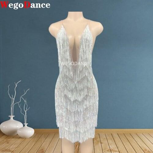 New Women Sparkly Silver Rhinestone Fringe Transparent Short Dress Birthday V-Collar Prom Dancer