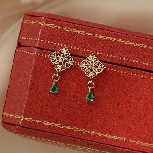 2021 New Arrival 14K Real Plated Hollow Flower Stud Earrings for Women Luxury Jewelry Zircon Green Earrings