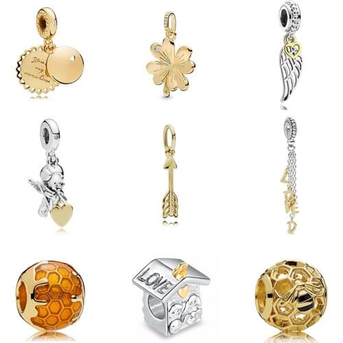 New Original Alloy Bead Gold Color Honey Bee Charm Cupid Arrow Dangle Fit Original Pandora Bracelet Bangle DIY Women Jewelry