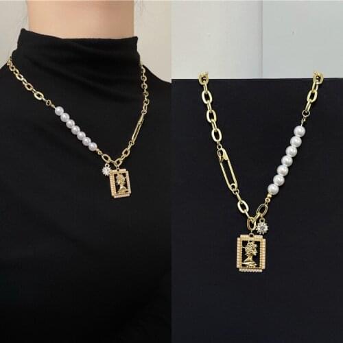 Baroque Vintage Metal Pearl Chain Portrait Pendant Necklace for Women Men Girls Korean Fashion Necklaces 2021 Trend New Arrival