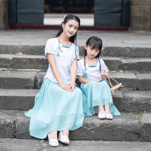 Daily with the parent-child dress installed spring, summer, short sleeve chiffon dress dress suit Chinese style suit