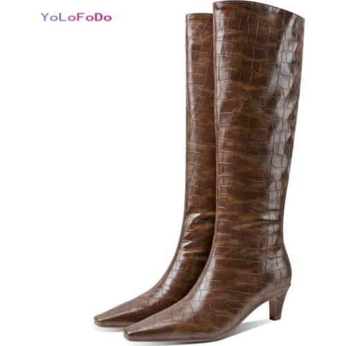 Plus Size 34-43 Women Knee High Boots Autumn Winter Ladies Thick Heel Boots Faux Leather Square Toe Women Calf Boots Big Size 43