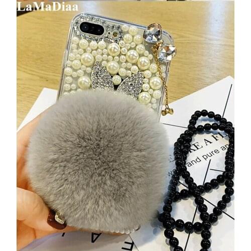 Luxury Rhinestone Warm Fluffy Rabbit Fur Bling Diamonds Pearl Case Cover For Xiaomi Redmi5 6 4X 4A 5A 6A Note4 5 6 7 8 Pro 4X 5A