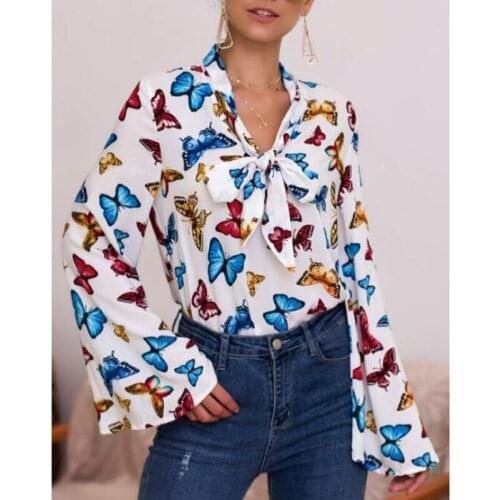 Butterfly Print Bow Tie Long Flare Sleeve Shirt Ladies Casual Blouses Vintage Tops Women Elegant Blouse AM2136