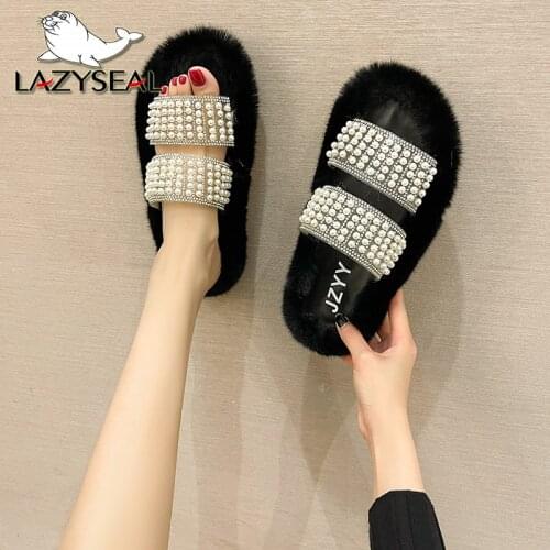 Lazyseal Autumn Winter Flip Flops Women String Bead Flat Home Slippers Fluffy Faux Fur Peep Toe Women Mules Slides Blue Size 41