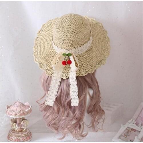 Sweet Lolita Foldable Straw Hat Mori Girl Lace Trim Flat Top Cap Sunhat Cosplay Pastoral Style Female Beach Hat B1318