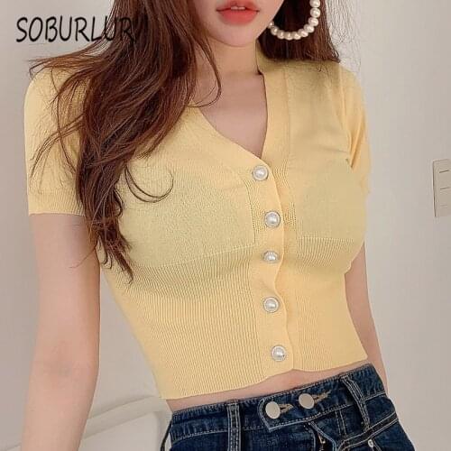 SOBURLUR 2021 Summer New Casual Womens Blouses Sexy Short Sleeve White Shirts V-neck knitting Blousas Female Tunics Crop Tops