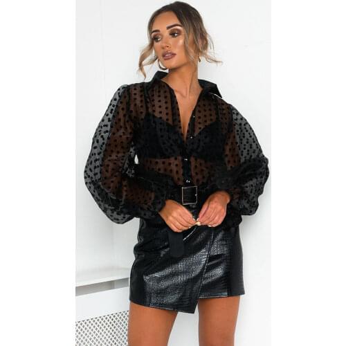 Womens polka dot blouse mesh sheer puff shirt long sleeve transparent blouse fashion plus size female casual top