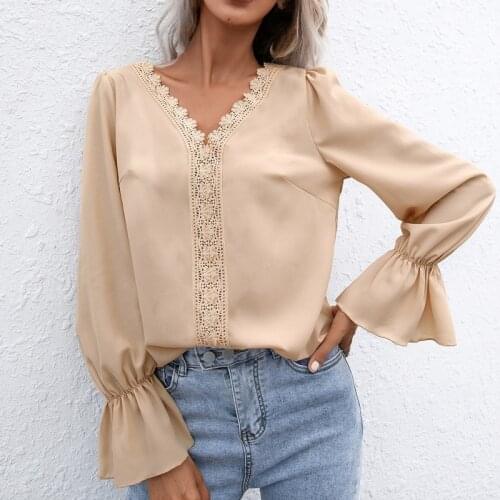 Autumn Women Casual T-Shirts Lace Patchwork Hollow Out V Neck Long Sleeve Solid Pullover Top Sexy Slim Female Tees