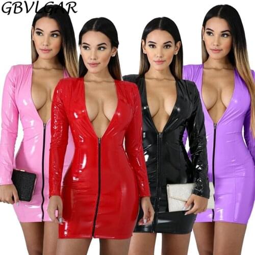 Women Long Sleeve PU Leather Bandage Mini Dresses Sexy Zippers High Elasticity Bodycon Clothing Deep V Neck Short Outdoor Wear