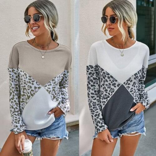 Sweater Women Pullover 2021 New Leopard Print Stitching Round Neck Long Sleeve Casual Loose Warm Sweaters OYMZZ203S3098