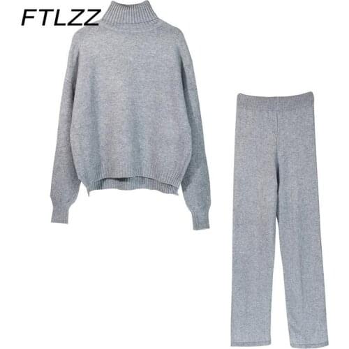 Women Turtleneck Tracksuit New Spring Autumn Two Piece Sets 2021 Korean Woman Knitted Two Piece Set Streetwear Sportsuits