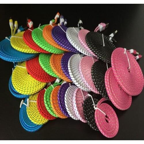 100pcs/lot 1M 2M 3M Flat Noodle Fabric braided Woven Nylon Micro USB Data Charger cable cord for Samsung Galaxy S7 s6 S3 S4lg