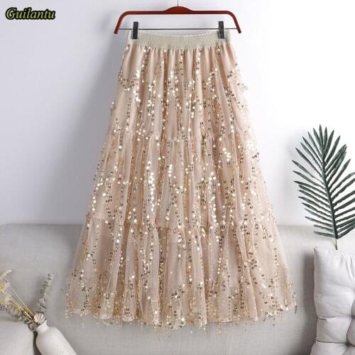 2021 Summer Embroidery Sequined Long Skirt Women High Waisted Casual A Line Mid-calf Skirts Female Korean Fashion Black Skirt