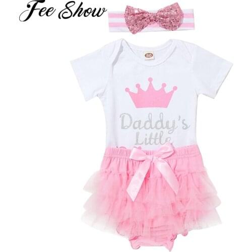 3Pcs Set Newborn Baby Kids Girl Daddys Princess Bodysuit Romper Tops Tutu Shorts Sequins Headwear Summer Outfit Girls Clothes