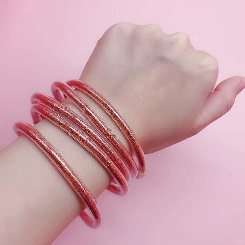 Elegant Gorgeous Lovely Bracelet 5 Pcs Set Gitter Filled Stardust Stack Silicone Circles Bangles Women Bowknot Jelly Bangles