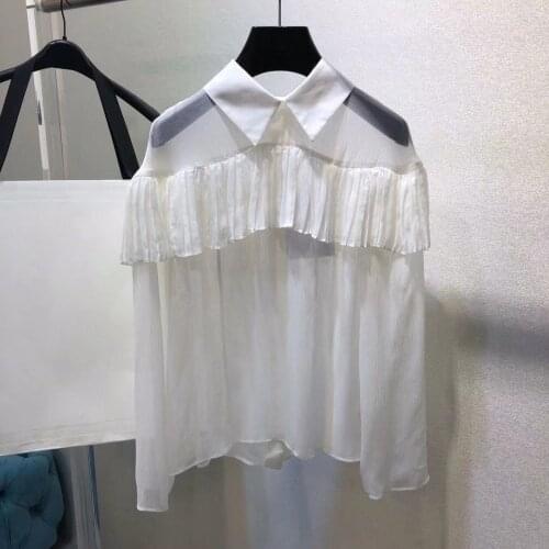 White silk women blouse long sleeve ruffle crystal buttons lady elegant soft blouses casual shirts