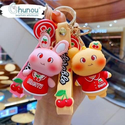 Kawaii Cherry Bear Bunny Keychain Cartoon Cute Anime Doll Key Chain for Women Bag Pendant Keychains Men Car Key Ring wholesale
