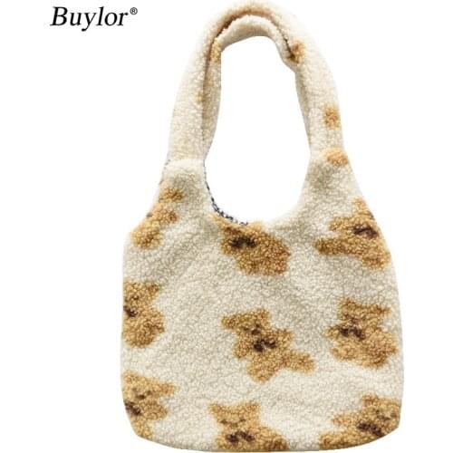 Buylor Plush Shoulder Bag Female Cute Cotton Tote Bags Lamb Like Womens Shopping Handbag Student Large Capacity Shoulder Bags