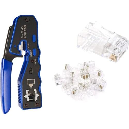 Ethernet RJ45 Pass Through Crimping Tool Bundle with CAT6 RJ45 Pass Through Ethernet 50U Modular Plug 25 Pack