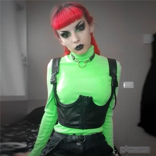 IAMHOTTY Summer Harajuku Punk Sleeveless Tank Top Sexy Faux Leather Pu Crop Top Womens Backless Corset Top Streetwear Zipper