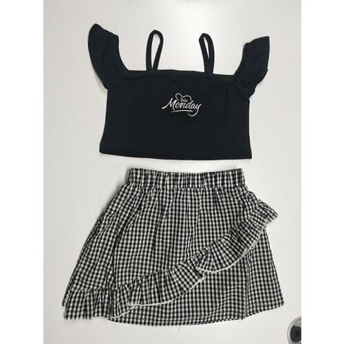 Newborn Baby 2Pcs Little Girls Outfit Summer Trend Letter Embroidery Fly Sleeve Suspender Tops + Flouncing Plaid Bust Skirt Set