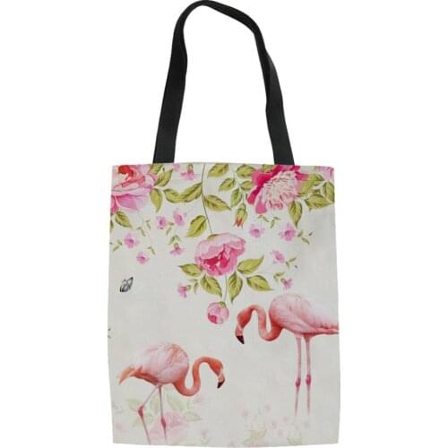 HaoYun Fashion Womens Linen Bags Flower Flamingos Prints Pattern Shopping Bag Girls Handbag Ladies Cartoon Animal Canvas Bags