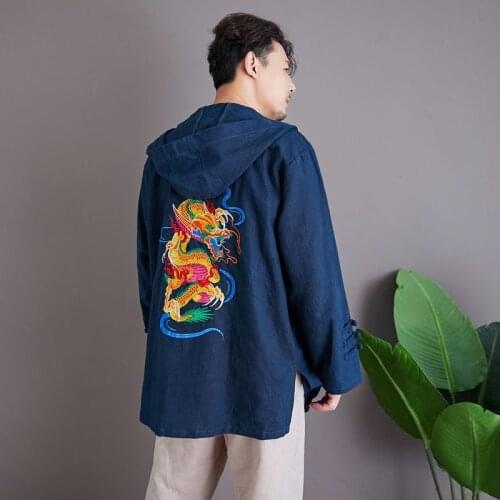 Embroidery Dragon Kimono Jacket Men Long Plus Size 5Xl Black Cotton Loose Hooded Coat Vintage Coat Traditional Chinese KK3224