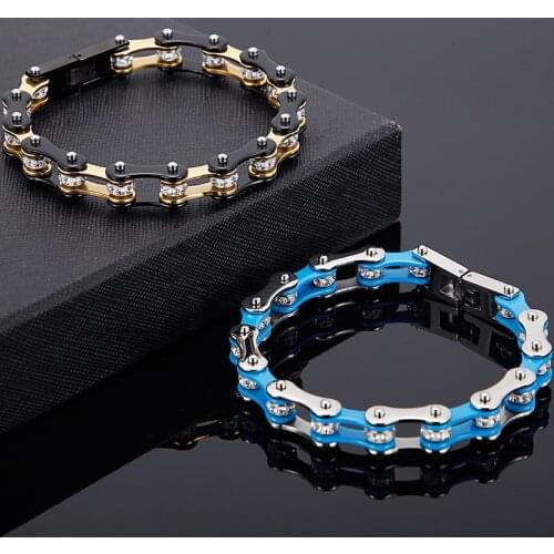 Mens Motorcycle Bracelet Two-Tone Stainless Steel Chain Link Wristband Womens White CZ Crystals Rhinestone Punk Style Jewelry