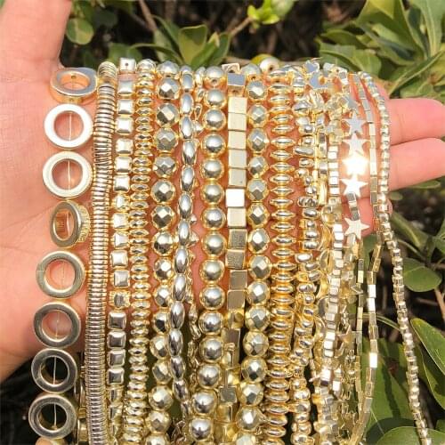 Natural Matte 9k Gold Plated Hematite Stone Irregular Heart Star Round Loose Spacer Beads for Jewelry Making DIY Bracelet 15