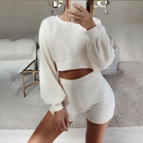 Autumn Fleece 2 Piece Shorts Set Outfits Sexy Crop Tops Women Outfits Matching Suit Fur Top and High Waist Shorts Party Clubwear