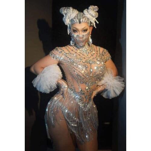 Rhinestone Sequin Fringe Short Dress Gloves Birthday Celebrate Prom Outfit Women Dancer Club Singer Dresses