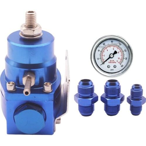 Universal Adjustable Aluminum Fuel Pressure Regulator Kit with 30-75 psi Gauge AN6-AN8 Fuel Line Hose Fittings (Blue)