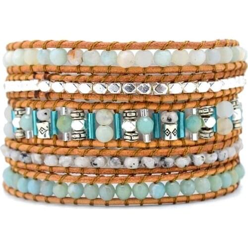 Vintage Boho Chic Classic 5X Wrap Charms Bracelet For Women Stone Leather Wraps Bracelets