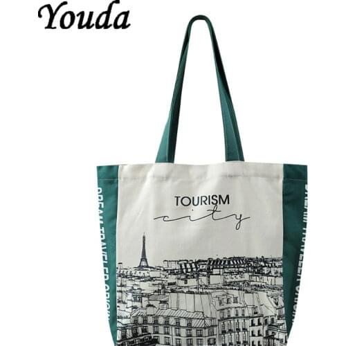 Youda Women Canvas Shoulder Bag Iron Tower Print Ladies Shopping Bags Cotton Cloth Fabric Grocery Handbags Tote BookBag For Girl