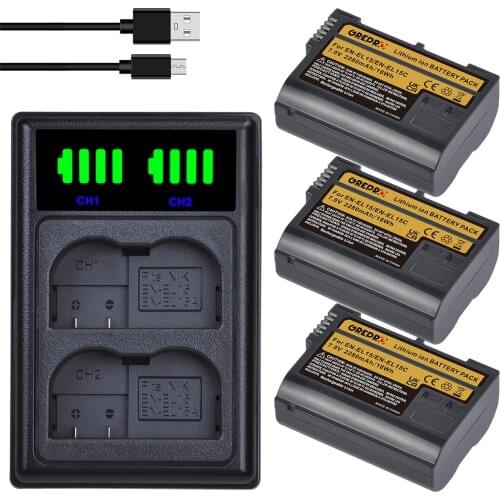 3x EN-EL15C EN EL15C EL15 Battery + LED Charger with Type-C for Nikon Z5, Z6, Z6 II, Z7, Z7 II 1 V1, D750, D780, D800, D810