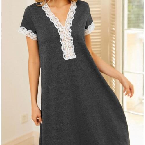 Women Long Nightgown Lace Stitching Short Sleeve Nightshirt Soft New Sleepwear Short Sleeve Nightshirt Female Lounge Wear Home