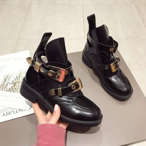 Buckle Design Women Boots Metal Decor Autumn Ankle Boots Black Leather Platform Shoes Woman Fashion Round Toe Martin Botas Mujer