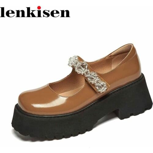 Lenkisen genuine leather square toe shallow high heels thick bottom summer beauty lady crystal beading hook loop women pumps L91