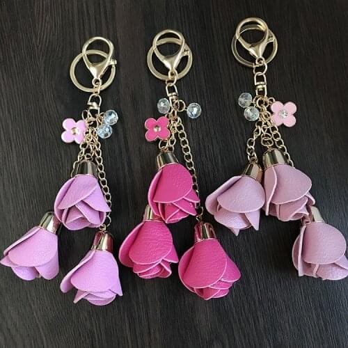 18colors charm leather rose flower key chains cute tassel flower keychains women keychain bag purse pendant jewelry