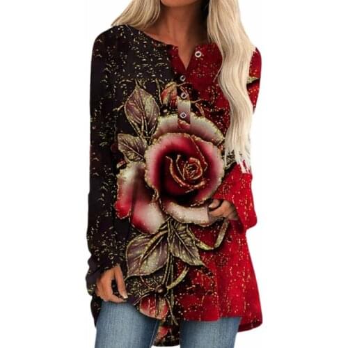 2021 Womens Loose Pullovers Long Tops Ladies Tee Casual Rose Print Shirts Long Sleeve Top Fashion T Shirt