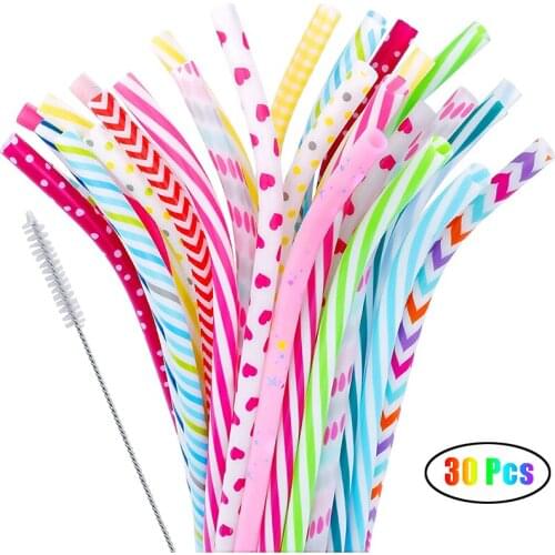 30 Pcs Reusable Plastic Bent Straws BPA Free Colorful Printing Hard Platic Stripe Drinking for Jar Family Party Random Pattern