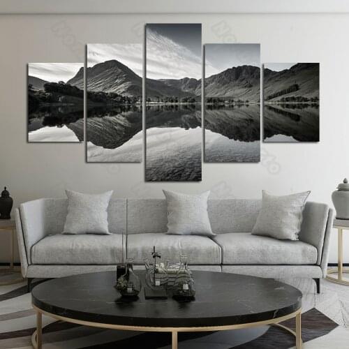 5 Pieces Hd Printed Modern Canvas Painting Poster Print Grey Natural Landscape Mountain and River for Home Rooms Wall Decoration