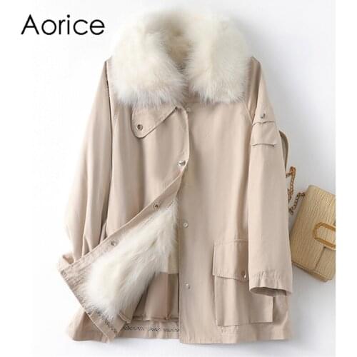 Aorice Women Real Fox Fur Collar Coat Jacket Female Rex Rabbit Liner Long Parka Trench A41620