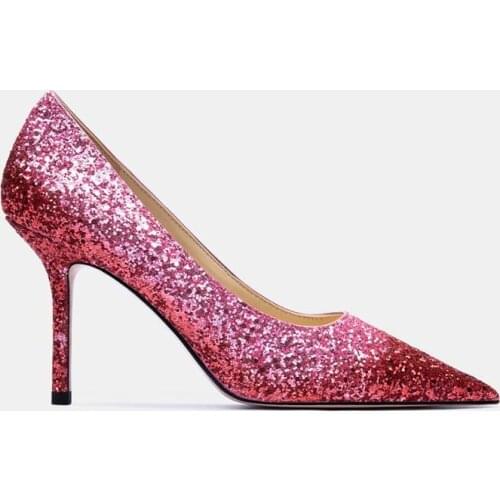 Free shipping fashion women pumps pink glitter strass point toe high heels shoes bride wedding shoes 8.5cm