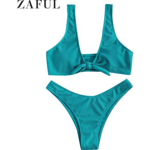 ZAFUL Women Swimwear Ribbed Knotted Bikini Set Plunging Neck Tie Knot Bikini Padded Two Pieces Swimsuit Solid Basic Beachwear