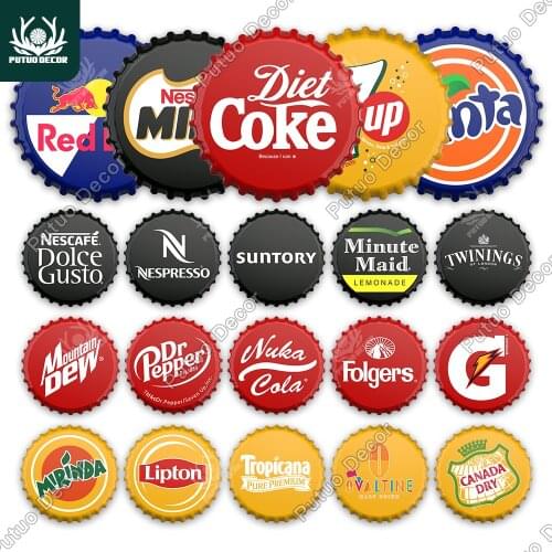 Putuo Decor Drink Brand Bottle Cap Decor Tin Sign Plaque Decorative Metal Sign for Restaurant Kitchen Bar Club Wall Decoration