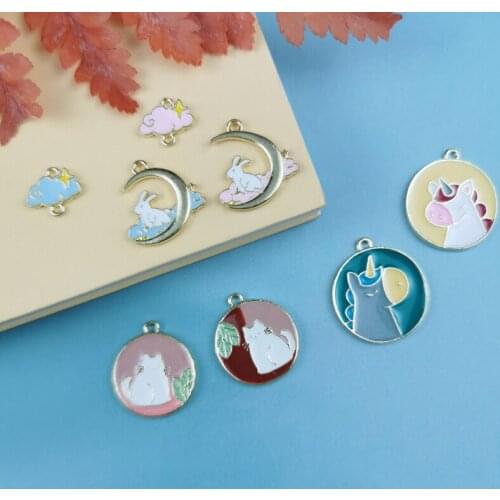 JeQue 10pcs Cartoon Moon Bunny Clouds Unicorn Enamel Charms Animals Alloy Pendants Craft DIY Earrings Necklace Jewelry Accessory